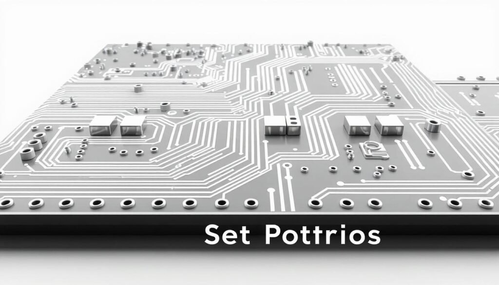 Detailed PCB test points design for electronics engineering, showcasing the "Informic Electronics" brand. A clean, technical illustration with a focus on the testability features. Crisp metallic traces, vias, and test pads in the foreground, with a neutral grey backdrop. Precise lighting casts subtle shadows, emphasizing the 3D topology. The overall composition highlights the integrated nature of the test points, conveying a sense of efficiency and reliability in PCB design.