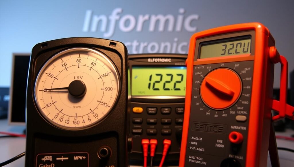Detailed analog and digital multimeters side by side, showcasing their distinctive features and capabilities. In the foreground, the analog multimeter displays its needle-based readout and manual dial, while the digital multimeter in the middle presents its crisp LCD display. In the background, a clean, minimalist workspace with the "Informic Electronics" brand prominently displayed, conveying a professional, technical atmosphere. Subtle ambient lighting accentuates the intricate details of the instruments, inviting the viewer to explore the differences between these essential electronic measurement tools.
