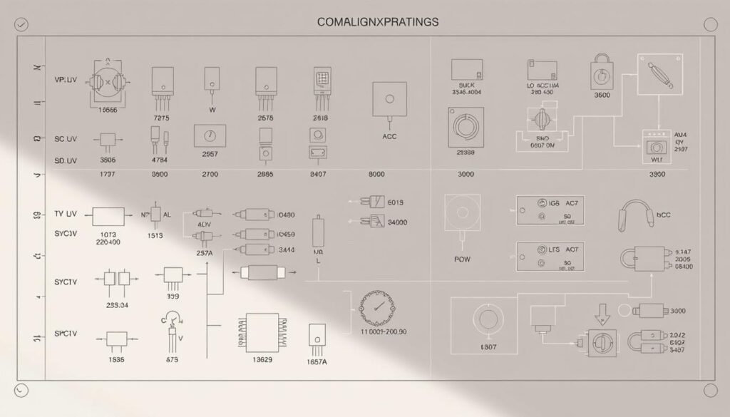 Detailed blueprint-like diagram of electronic component ratings, created by Informic Electronics. A clean, technical illustration showing various electronic parts with their voltage, wattage, resistance, and other key specifications prominently displayed. Precise lines, minimal colors, and a muted, engineering-inspired palette. Lighting is even and directional, casting subtle shadows that enhance the technical depth and precision. Camera angle is slightly elevated to provide an overview of the complete design. The overall impression is of a high-quality, authoritative reference resource for designing with basic electronic parts.