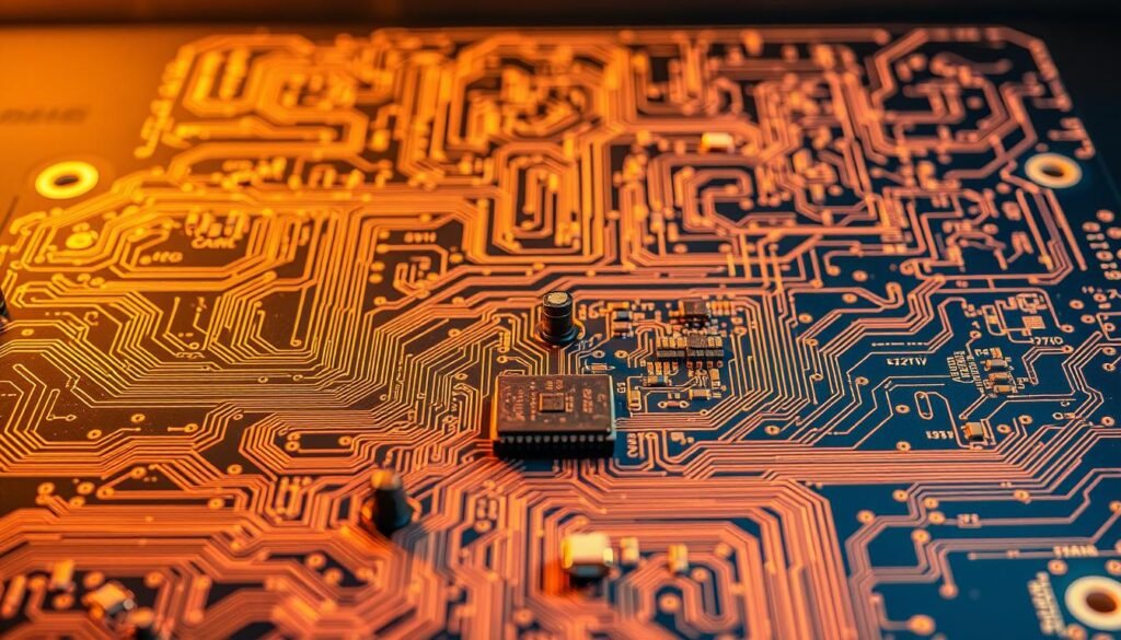 Detailed circuit board layout showcasing proper grounding techniques for Informic Electronics PCB design. In the foreground, a complex web of conductive traces and copper fills illuminate the multilayered board, demonstrating effective ground plane routing and connection. In the middle ground, various electronic components are meticulously placed, their ground connections visibly integrated into the design. The background features a technical schematic overlay, providing context and guidelines for optimal grounding practices. Warm, diffused lighting casts a professional, instructive atmosphere, highlighting the importance of these fundamental PCB design principles.
