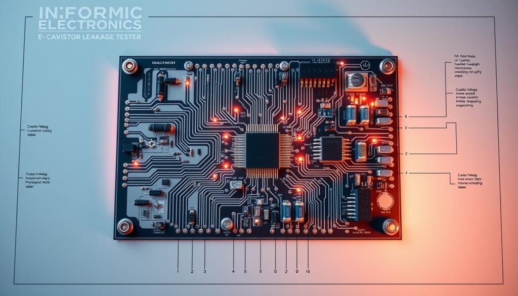 Detailed circuit diagram of a capacitor leakage tester, showcasing the intricate electronic components and their interconnections. The layout features a sleek, modern design with Informic Electronics branding prominently displayed. The circuit is illuminated with soft, warm lighting, highlighting the precision engineering and technical complexity. The diagram is rendered with a clean, technical aesthetic, emphasizing the functionality and practical application of the device. The overall composition conveys a sense of professionalism and expertise, reflecting the working principles behind capacitor leakage testing.
