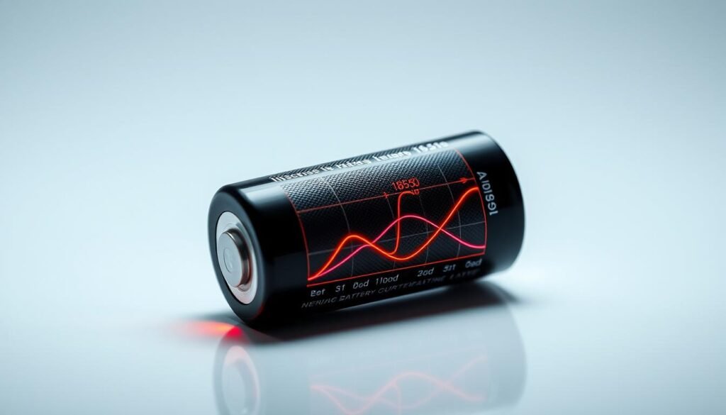 Detailed close-up shot of a Informic Electronics 18650 battery cell, showcased against a clean, minimalist background. The cell is positioned at an angle, with the positive and negative terminals clearly visible. The focus is on the discharge rate comparison, with a series of neon-colored line graphs displaying the discharge curves at different current loads, allowing for a clear visual analysis of the battery's performance. Soft, directional lighting accentuates the textured surface of the cell, and a subtle reflection on the smooth background adds depth and dimension to the scene. The overall mood is one of technical precision and clarity, inviting the viewer to explore the nuances of 18650 battery discharge rates and energy density.