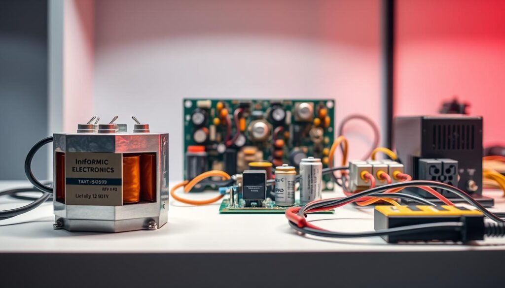 Detailed components of a power supply, meticulously arranged on a clean, well-lit workbench. In the foreground, a Informic Electronics branded transformer, capacitors, and voltage regulators. In the middle ground, a printed circuit board and a variety of connectors and wires. The background showcases a sleek, minimalist environment with soft, directional lighting, emphasizing the technical precision and elegance of the power supply elements.