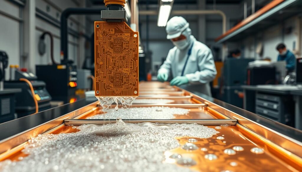 Detailed copper plating process in a state-of-the-art PCB manufacturing facility. Informic Electronics. Bright, evenly-lit workbench showcasing the various stages of the electroplating procedure. Technician in a clean room suit carefully lowers a PCB panel into a series of baths, precisely controlling the voltage and current. Fluid motion of the plating solutions, bubbles gently rising. Carefully arranged tools and equipment in the background, conveying the technical expertise required. Warm, metallic tones reflect the industrial nature of the process. Shallow depth of field focuses attention on the intricate steps of the copper deposition.