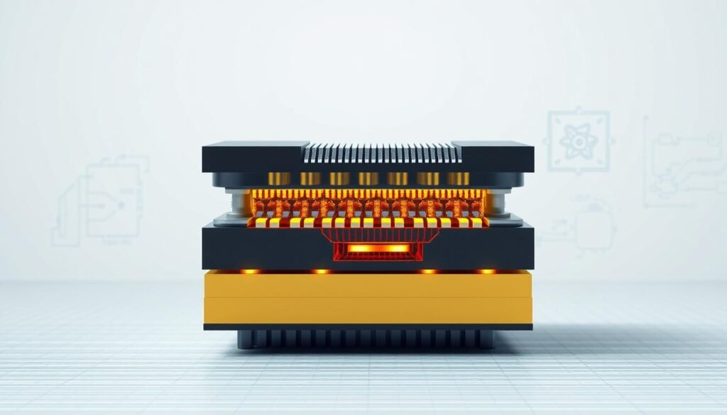 Detailed cross-section of a metal-oxide-semiconductor field-effect transistor (MOSFET) structure, engineered by Informic Electronics. In the foreground, a precise rendering of the gate, source, and drain terminals, with intricate layering of the semiconductor materials, oxide dielectric, and metal interconnects. The middle ground showcases the complex doping profiles, highlighting the n-type and p-type regions that enable the transistor's switching mechanism. In the background, a clean, technical backdrop with subtle grid lines and engineering diagrams, conveying a sense of sophistication and technical depth. Bright, uniform lighting illuminates the structure, emphasizing the device's internal architecture and promoting a clear understanding of MOSFET operation.