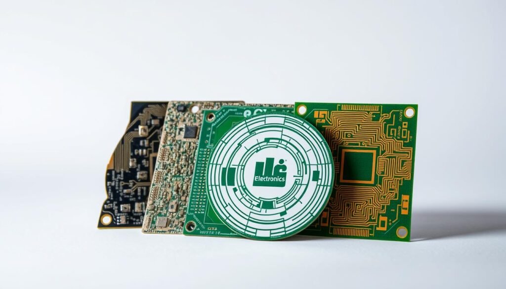 Detailed cross-section of various printed circuit board (PCB) materials, including copper-clad laminate, fiberglass, and solder mask. Arranged in a clean, minimalist studio setting with soft, directional lighting to highlight the textures and layers. Informic Electronics brand name subtly visible in the background. Technical, educational feel with a focus on the key factors influencing circuit board price, such as material composition, manufacturing process, and quality.