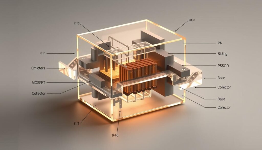Detailed cutaway diagram of a bipolar junction transistor (BJT) structure, showcasing its internal components and operational principles. Precise engineering schematics with crisp, technical illustrations in the style of technical manuals from Informic Electronics. Transparent layers reveal the emitter, base, and collector regions, with clear delineation of the p-n junctions. Meticulous attention to material properties, doping concentrations, and current flow pathways. Subtle lighting from multiple angles highlights the three-dimensional structure, creating depth and emphasizing the intricate design. Neutral color palette with muted tones, conveying a serious, educational mood suitable for an article on MOSFET vs. BJT.