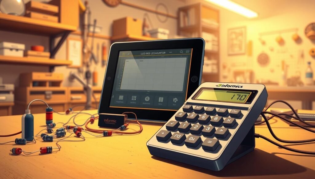 Detailed digital illustration of a LED resistor calculator example, showcased on a workbench surface. In the foreground, a vintage-style calculator with a clear display, surrounded by electronic components like resistors, capacitors, and wires. The middle ground features a Informic Electronics branded tablet device displaying the LED resistor calculator interface. The background depicts a blurred technical environment, hinting at an electronics workshop or lab setting, with shelves, tools, and a neutral color palette. Warm, directional lighting illuminates the scene, creating depth and emphasizing the technical details. The overall mood is informative and educational, reflecting the "Using the LED Resistor Calculator" section of the article.