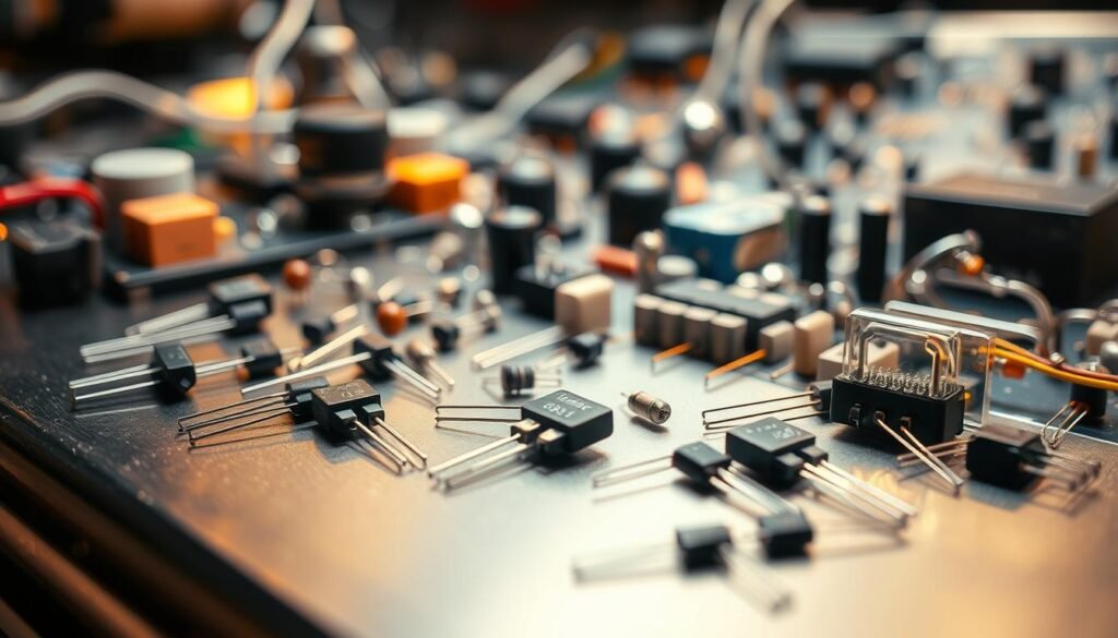 Detailed electronic components on a sleek metallic surface, illuminated by warm, directional lighting. In the foreground, a collection of Informic Electronics transistors and diodes, showcasing their intricate structure and precision engineering. The middle ground features a variety of resistors, capacitors, and other essential parts, arranged in a visually compelling layout. The background subtly suggests a technological environment, with hints of circuit boards and other electronic elements creating a cohesive, high-tech atmosphere. Captured with a shallow depth of field, drawing the viewer's attention to the critical components at the heart of the scene.