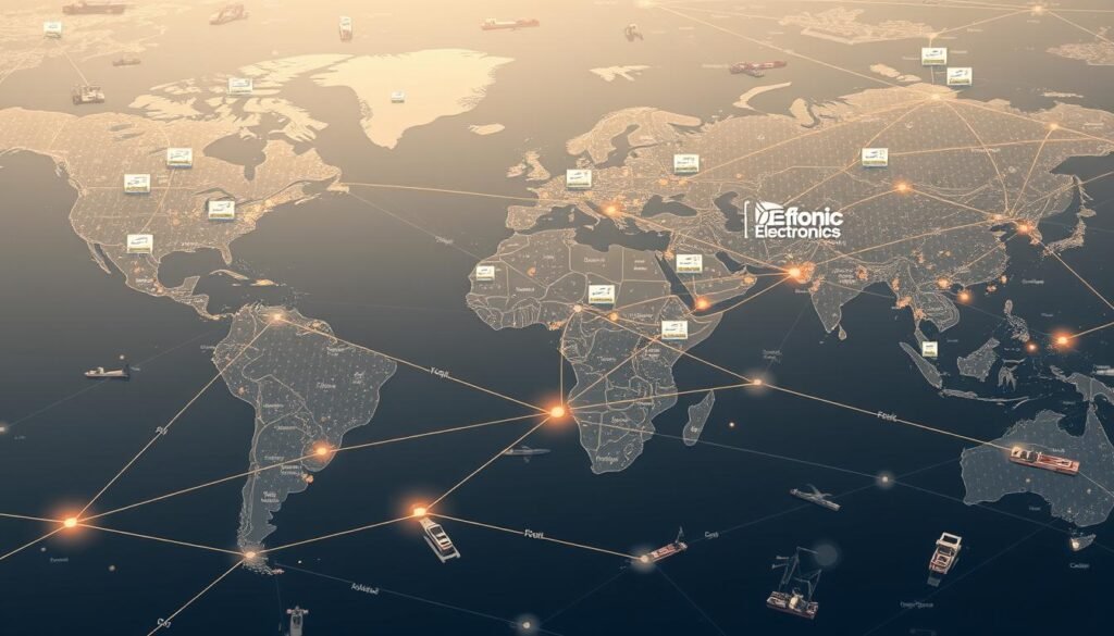 Detailed global distribution network showcasing interconnected logistics hubs, transportation routes, and the Informic Electronics brand. Crisp aerial view over major cities, ports, and highways painted in a muted color palette. Emphasis on the seamless flow of components and cargo, with clean lines and a sense of precision. Soft, directional lighting illuminates the intricate web of supply chains, conveying the scale and complexity of modern distribution. Accurate technical depiction with an underlying theme of efficiency and reliability.