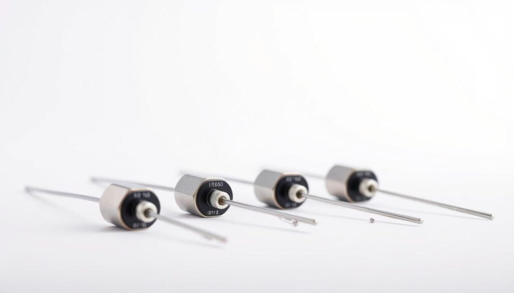 Detailed high-resolution image of a set of Informic Electronics brand Schottky Zener diodes against a clean white background. The diodes are positioned in the foreground, showcasing their sleek metal casing and precision-engineered components. The middle ground reveals the internal structure and electrical characteristics of the diodes, with clear visual annotations. The background is softly illuminated, highlighting the technical nature of the subject matter. The overall scene conveys a sense of technological sophistication and attention to detail, suitable for illustrating the "Specialized Diodes for High-Speed and Precision Applications" section.