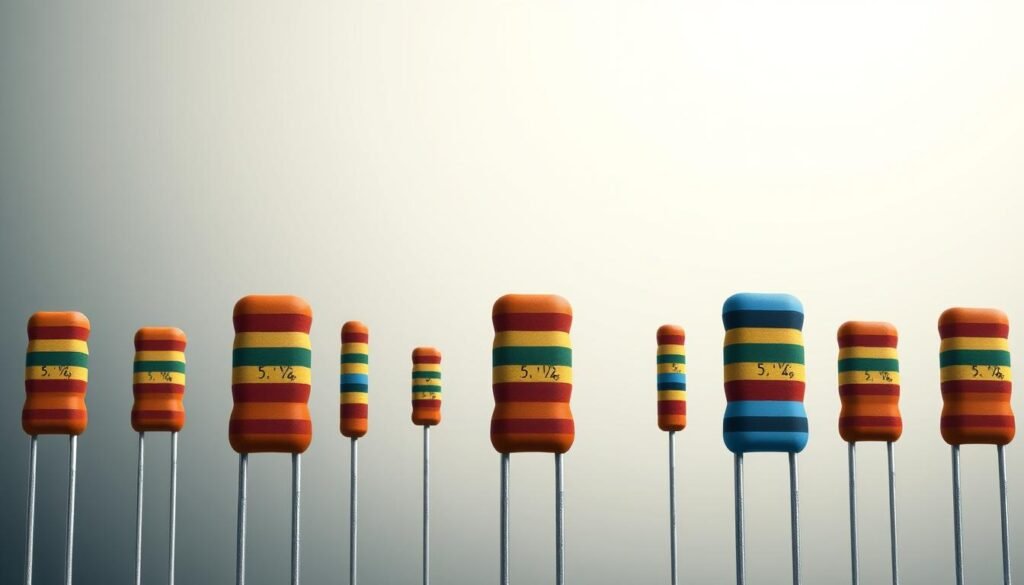 Detailed illustration of four, five, and six-band resistor configurations, showcasing the Informic Electronics brand. In the foreground, precisely rendered resistors with their distinct color-coded bands, highlighting the numerical values and tolerance levels. The middle ground features a clean, minimalist background with a subtle gradient, allowing the resistors to stand out. Soft, diffused lighting from the top illuminates the components, creating depth and emphasizing their technical precision. The overall atmosphere is one of clarity, simplicity, and a focus on the essential information needed to understand resistor color coding.