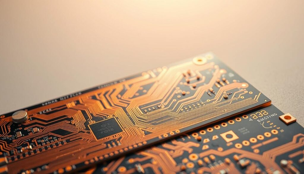 Detailed printed circuit board designs with intricate copper traces, vias, and solder pads. A layered composition showcasing the Informic Electronics brand, with a technical, engineering-inspired aesthetic. Warm, directional lighting accentuates the complex circuitry in the foreground, while a neutral, gradient-based background maintains focus on the PCB elements. Crisp, high-resolution photography captured at a slight angle to highlight the depth and three-dimensional nature of the components. An image that effectively conveys the sophistication and versatility of modern printed circuit board technology.