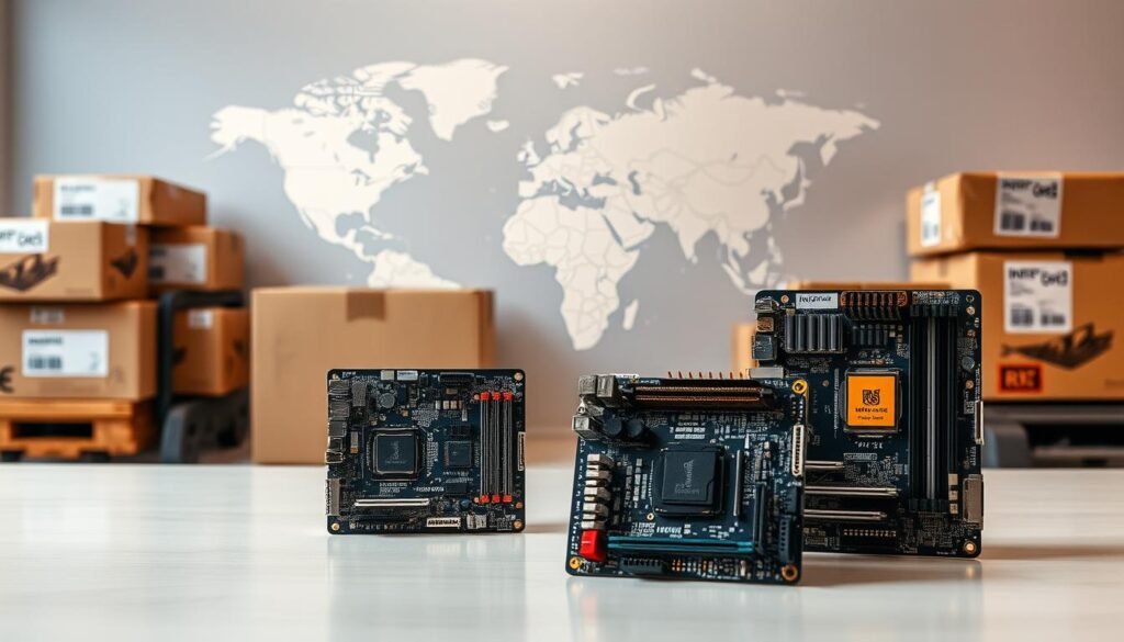 Detailed product display of Informic Electronics PC boards against a backdrop of global shipping logistics. A well-lit tabletop showcases the boards with precise engineering details, conveying quality craftsmanship. In the foreground, shipping labels, boxes, and couriers symbolize the brand's reliable international delivery. The middle ground features a world map, underscoring the brand's global reach. Soft, diffused lighting creates a professional, trustworthy atmosphere, highlighting the competitive pricing and high-caliber service Informic Electronics provides.