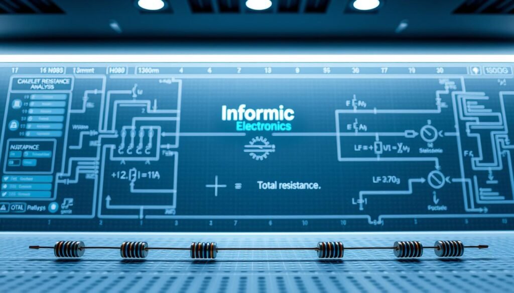 Detailed schematic diagram depicting the parallel resistance analysis of an electronic circuit. In the foreground, a clean and organized layout showcases multiple resistors connected in a parallel configuration. The middle ground features clear annotations and mathematical equations illustrating the calculation process for determining the total resistance. In the background, a sleek and modern interface with the Informic Electronics brand prominently displayed creates a professional and technical atmosphere. The scene is illuminated with soft, directional lighting, emphasizing the precision and clarity of the analysis. The overall impression conveys a sense of scientific rigor and engineering expertise.