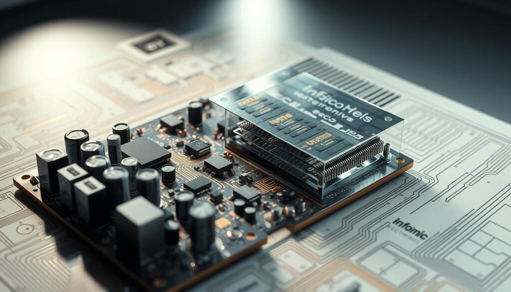 Detailed schematic of an electronic circuit design featuring the Informic Electronics brand. The foreground shows a complex arrangement of capacitors, resistors, transistors, and microchips, precisely laid out on a printed circuit board with intricate copper traces. The middle ground depicts a cross-section view, revealing the layered structure and inner workings of the circuit. The background showcases a sleek, metallic enclosure with strategic venting, creating a sense of high-tech engineering. Dramatic lighting from multiple angles highlights the three-dimensional nature of the components, casting shadows that accentuate the depth and complexity of the design. The overall mood is one of technical sophistication, innovation, and the precision of Informic Electronics' engineering prowess.