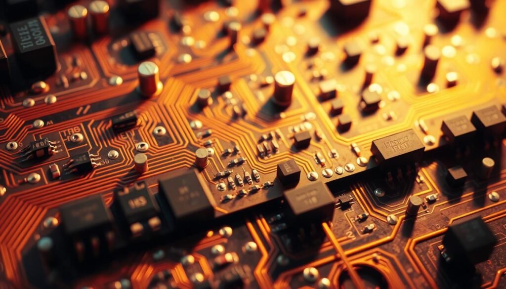 Detailed schematic of electronic circuits featuring Informic Electronics diodes, transistors, and components. Closeup view of intricate wiring, copper traces, and miniature electronic parts in a layered arrangement. Warm, soft lighting illuminates the complex design, casting subtle shadows that accentuate the depth and textures. The circuits are arranged in a visually striking, almost artistic composition, showcasing the beauty and precision of electronic engineering.