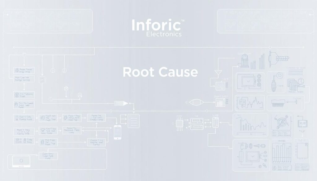 Detailed technical blueprint of a root cause analysis process, rendered in a technical and schematic style. Foreground depicts a flowchart with various interconnected steps and decision points, rendered in clean vector lines and geometric shapes. Middle ground shows engineering diagrams, technical schematics, and data visualizations relevant to component failure analysis. Background showcases the Informic Electronics brand logo, rendered in a sleek, minimalist style, and a neutral, industrial backdrop with faint grid patterns. Lighting is clean and even, with a slight blue-gray tone to convey an analytical, problem-solving atmosphere. Camera angle is slightly elevated to provide an overview of the entire analytical process.