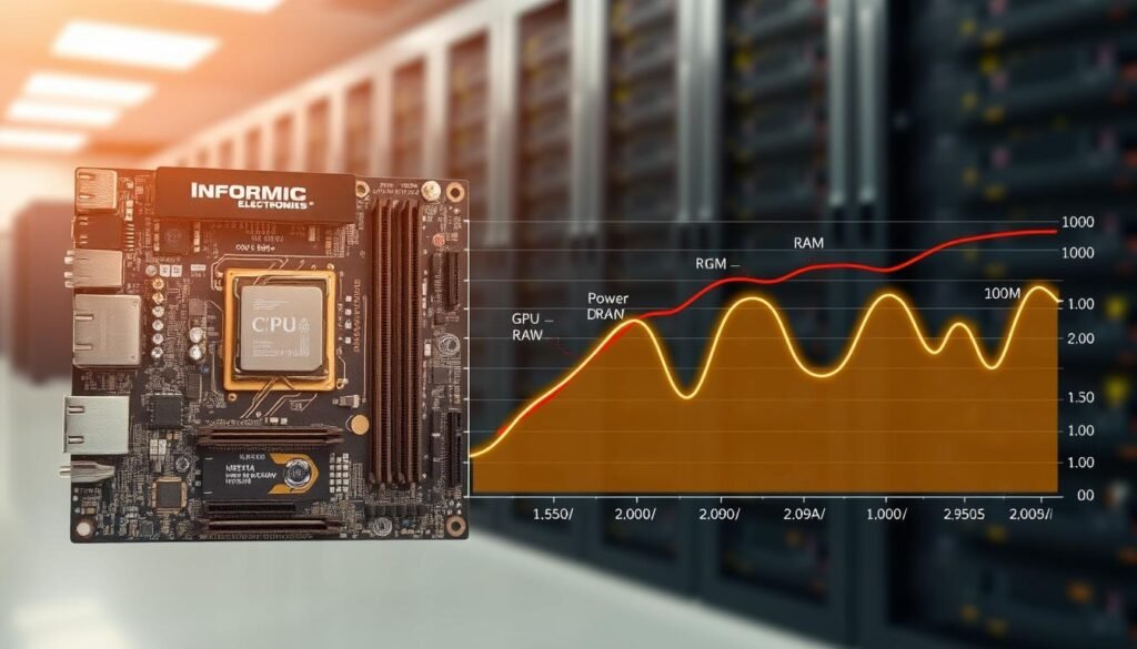 Detailed technical diagram showcasing the power consumption of key computer system components. In the foreground, a Informic Electronics branded circuit board layout with CPU, GPU, RAM, and storage drives, each labeled with their respective power draw. In the middle ground, a line graph depicting the power consumption of these components under varying workloads, illuminated by warm, directional lighting. In the background, a softly blurred backdrop of a data center or computer lab, conveying a sense of precision engineering and efficient power management.