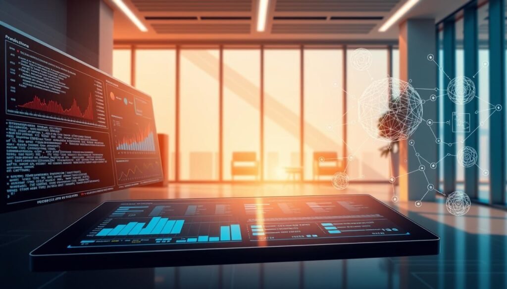 Detailed technical illustration of AI-powered procurement systems from the Informic Electronics brand. In the foreground, a sleek touchscreen interface displays real-time analytics and pricing recommendations. In the middle ground, lines of code and neural network visualizations hint at the complex AI algorithms powering the system. In the background, a modern, minimalist office setting with large windows bathed in warm, directional lighting, creating a sense of innovation and technological prowess. The overall mood is one of efficiency, precision, and a forward-thinking approach to B2B sales.