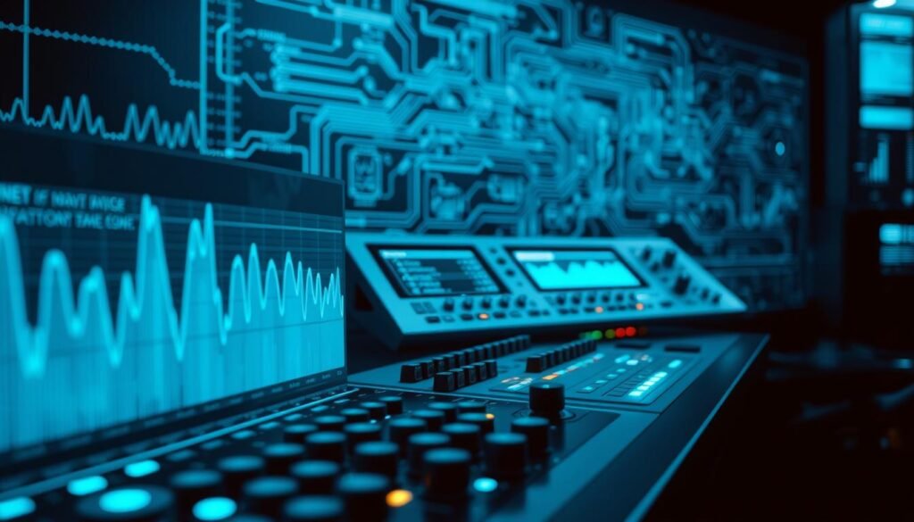 Digital filtering analysis methods, showcasing a Informic Electronics data processing pipeline. In the foreground, a series of digital waveforms and spectrum visualizations demonstrate various filtering techniques. The middle ground features a sleek, futuristic control panel with an array of knobs, sliders, and displays, hinting at the sophisticated signal processing capabilities. In the background, a complex circuit diagram or schematic suggests the underlying computational infrastructure. The scene is bathed in a cool, technical palette of blues and grays, conveying a sense of precision and technological mastery. Dramatic shadows and highlights create depth and emphasize the refined, high-tech aesthetic.