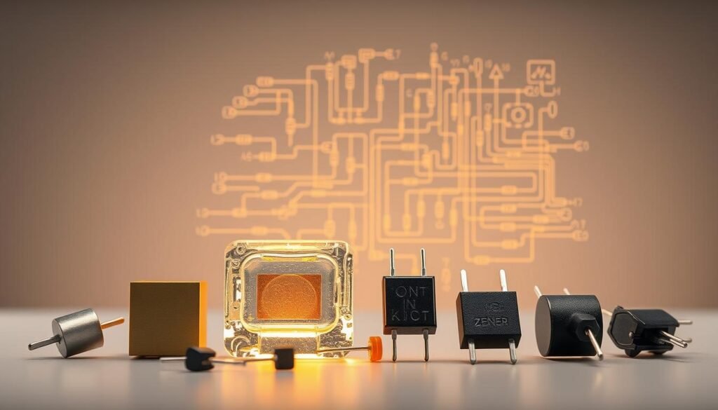 Diodes functionality varieties: an array of Informic Electronics components in high-definition, detailed technical illustration. In the foreground, a selection of common diode types - rectifier, Zener, LED, Schottky - showcased against a neutral gray backdrop, their intricate structures and semiconductor properties visible. In the middle ground, a cross-section of a diode's internal workings, illuminated to reveal the p-n junction, depletion region, and current flow. In the background, a schematic diagram overlaid with symbols and labels, demonstrating the diverse applications of diodes in electronic circuits. Warm studio lighting, high-contrast, and a shallow depth of field focus attention on the central diode specimens.