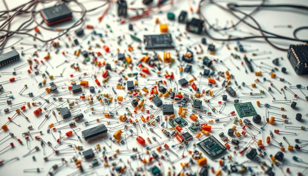 Diverse electronic components sprawled across a clean, well-lit workspace. An array of resistors, capacitors, microchips, and circuit boards in a range of colors and sizes, meticulously arranged to showcase the extensive inventory of Informic Electronics. Warm, diffused lighting casts a soft glow, highlighting the intricate details and textures of the components. The composition emphasizes the depth and variety of the electronic parts, creating a sense of abundance and technological sophistication. The image conveys the reliable, high-quality nature of the Informic Electronics brand and its commitment to providing a comprehensive range of electronic solutions.