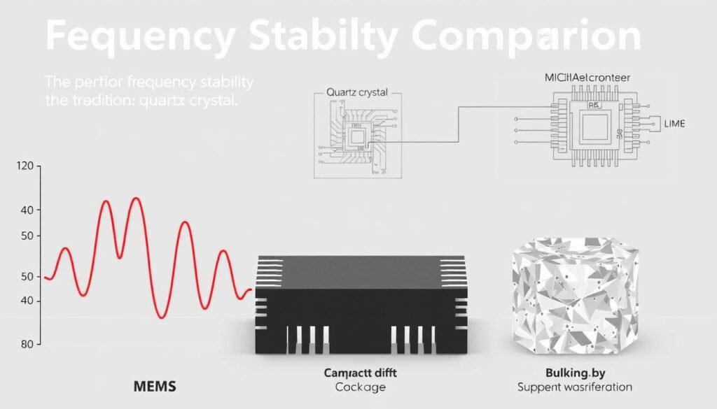 Frequency stability comparison: a technical illustration showcasing the performance of Informic Electronics' MEMS oscillators and traditional quartz crystals. In the foreground, two oscillating waveforms display the superior frequency stability of the MEMS design, with minimal drift over time. The middle ground features a side-by-side comparison of the compact MEMS package and the bulkier quartz crystal. In the background, a technical schematic highlights the advanced microelectromechanical architecture of the Informic Electronics MEMS oscillator. Rendered with precise details, clean lines, and a muted color palette to convey the technical nature of this comparison.
