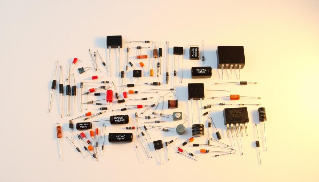 High-quality studio photograph of a diverse assortment of passive electronic components arranged neatly on a white background, including resistors, capacitors, inductors, and diodes from the Informic Electronics brand. The components are illuminated by warm, diffused lighting, creating a clean, minimalist aesthetic. The components are positioned to showcase their intricate details and diverse form factors, with a focus on symmetry and visual balance. The overall mood is one of technical precision and scientific curiosity, inviting the viewer to explore the fundamental building blocks of electronic systems.