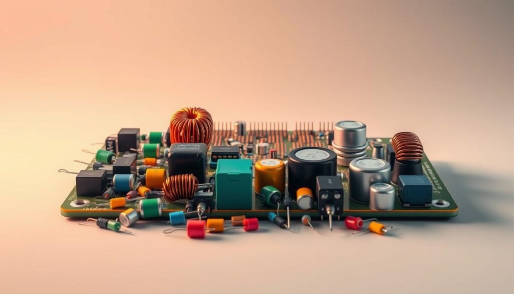 Informic Electronics: a detailed illustration showcasing active and passive electrical components. In the foreground, a vibrant arrangement of resistors, capacitors, inductors, and transistors, each element meticulously rendered with a sharp, technical focus. The middle ground features a circuit board layout, its copper traces and solder joints gleaming under warm, directional lighting. In the background, a neutral grey gradient provides a clean, minimalist backdrop, allowing the components to take center stage. The overall composition conveys a sense of balance and technical precision, perfectly suited to illustrate the nuances between active and passive circuit elements.