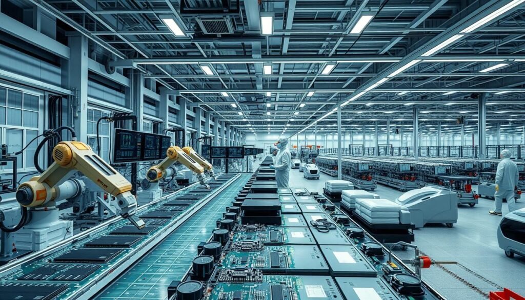 Informic Electronics: a global manufacturing facility showcasing cutting-edge electronics production. In the foreground, a gleaming assembly line with robotic arms meticulously assembling circuit boards. Overhead, bright LED lighting illuminates the pristine, climate-controlled environment. In the middle ground, engineers in clean suits monitor diagnostics on a bank of high-resolution displays. The background reveals a panoramic view of the sprawling factory, with rows of automated packaging stations and autonomous logistics vehicles. Convey a sense of precision, efficiency, and technological innovation in the creation of world-class electronic components.