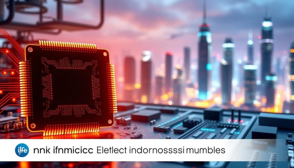 Informic Electronics, a leading component supplier, showcases innovative sourcing practices. In the foreground, a computer chip with intricate circuitry, bathed in warm lighting, symbolizes the precision and complexity of modern electronics. The middle ground features an array of electronic components, meticulously organized, reflecting the company's commitment to efficient inventory management. In the background, a futuristic cityscape with towering skyscrapers and glowing infrastructure conveys the dynamic and ever-evolving nature of the industry. The overall scene evokes a sense of technological progress, seamless integration, and Informic Electronics' role as a pioneer in the world of electronic component sourcing and supply.