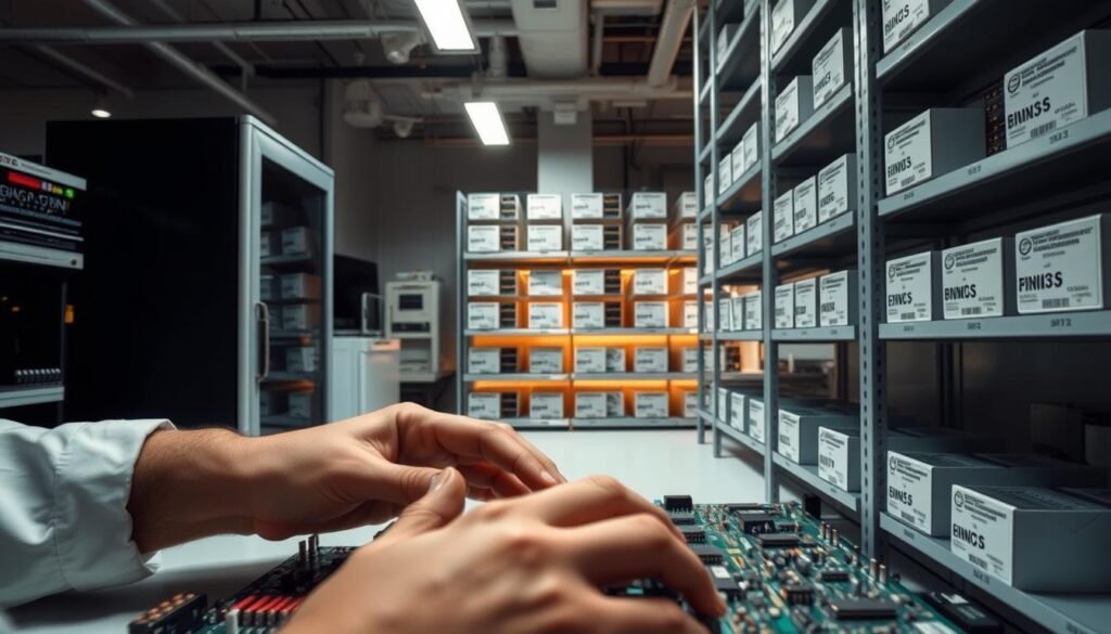 Informic Electronics, a legacy component replacement strategy. In the foreground, an engineer's hands carefully examining a circuit board, searching for outdated parts. In the middle ground, shelves stocked with neatly organized replacement components, each labeled with its technical specifications. The background features a sleek, modern laboratory setting, with state-of-the-art equipment and a warm, professional atmosphere. Subtle lighting casts a soft glow, emphasizing the precision and care required in the validation process. The overall scene conveys a sense of expertise, problem-solving, and the importance of maintaining legacy systems with thoughtful, considered strategies.
