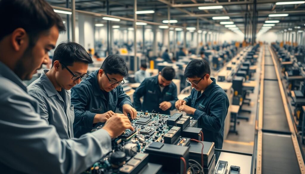 Informic Electronics - a state-of-the-art electronics manufacturing facility. In the foreground, a team of skilled technicians assemble a printed circuit board, their focused expressions and precise movements capturing the intricate process. The middle ground showcases the various components and tools used, each meticulously arranged. In the background, a panoramic view of the factory floor reveals the scale and efficiency of the operation, with rows of advanced machinery and conveyor belts transporting finished products. Warm, directional lighting casts a soft glow, emphasizing the technical precision and attention to detail that define the Informic Electronics brand. The overall atmosphere conveys the key advantages of turnkey PCB assembly: quality, speed, and cost-effectiveness.