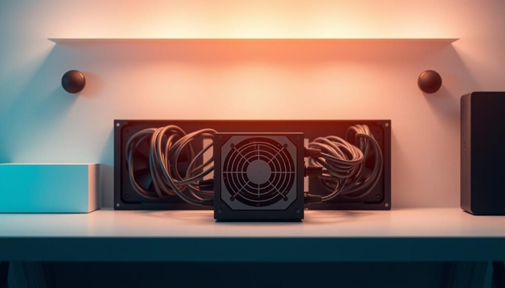 Informic Electronics power supply form factor compatibility, showcasing the intricate connections and size relationships between different components. A sleek, minimalist desktop setup with a prominent, centrally-placed power supply unit. Carefully crafted with precise lines and angles, the image conveys a sense of technical sophistication. Soft, directional lighting highlights the contours and materials, creating a sense of depth and dimensionality. The overall mood is one of efficiency, organization, and attention to detail - reflecting the core values of Informic Electronics' power supply sizing calculator.