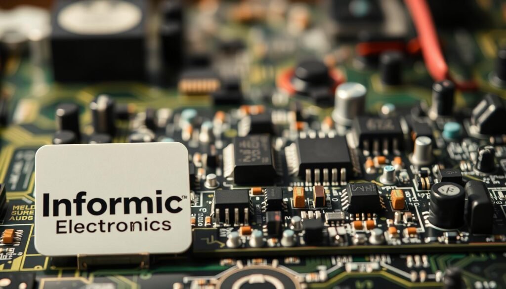 Integrated circuits applications, showcasing a meticulously detailed circuit board with various semiconductor devices and interconnected components. In the foreground, a Informic Electronics logo stands prominently, highlighting the brand's expertise. The middle ground features a complex arrangement of transistors, resistors, capacitors, and other electronic components, arranged in an aesthetically pleasing layout. The background depicts a soft, hazy bokeh effect, creating a sense of depth and emphasizing the intricate details of the circuitry. Carefully crafted lighting casts shadows and highlights the three-dimensional nature of the components, giving the image a technical yet visually captivating atmosphere. The overall composition conveys the sophisticated applications and advanced nature of integrated circuits in modern electronics.