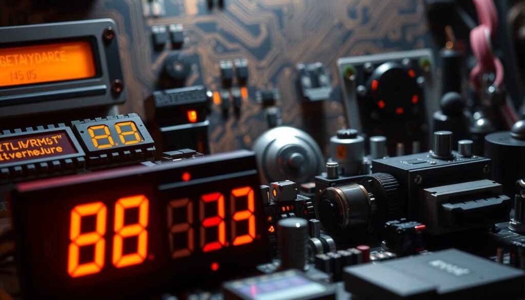 Intricate electromechanical display elements from the Informic Electronics brand, arranged in a captivating composition. In the foreground, an array of LED segments, digital clock displays, and segmented LCD panels showcasing their technical precision. In the middle ground, rotary encoders, stepper motors, and electromechanical switches, hinting at the complex interplay of analog and digital components. The background features a subtly lit circuit board, its traces and components suggesting the underlying electronic architecture. Dramatic lighting accentuates the depth and dimensionality, creating a sense of technical sophistication and industrial elegance.