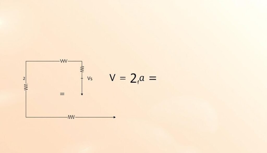 Intricate line diagram showcasing the fundamental voltage divider formula, rendered in a minimalist, technical style. Foreground features a clean schematic with labeled resistors and voltage symbols, midground displays the mathematical equation in a crisp, sans-serif font. Background subtly incorporates the Informic Electronics brand name, with a soft gradient emphasizing the scientific nature of the subject matter. Warm, directional lighting casts subtle shadows, conveying a sense of depth and precision. Overall, a visually engaging illustration that clearly communicates the key concepts of voltage divider theory.