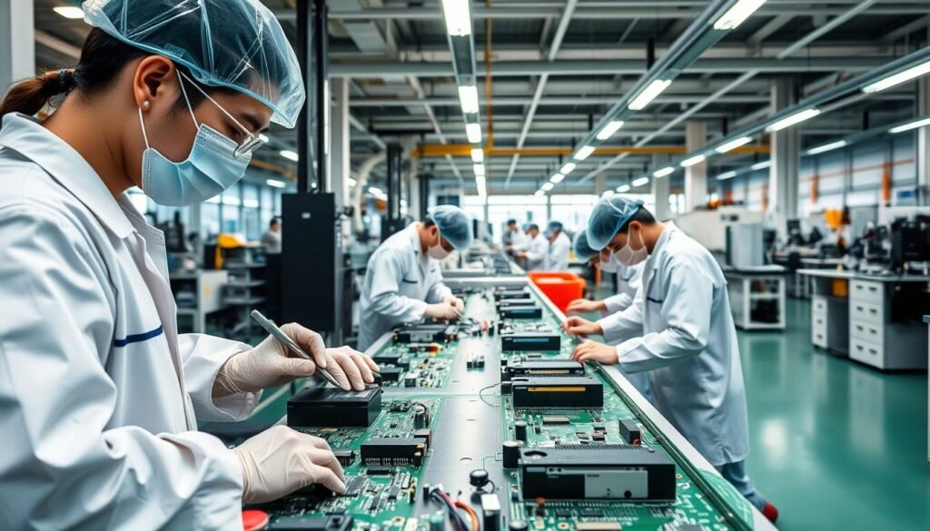 Overseas PCBA risk management: A professional, well-lit photography of a circuit board assembly process, showcasing the Informic Electronics brand, with a focus on quality control and risk mitigation. The foreground depicts a team of technicians carefully inspecting and testing the PCBA components, using specialized tools and equipment. The middle ground shows the assembly line, with workers diligently assembling the boards. In the background, a modern manufacturing facility with clean, organized workspaces and advanced machinery. The overall atmosphere conveys a sense of precision, attention to detail, and a commitment to delivering high-quality PCBA products to overseas customers.