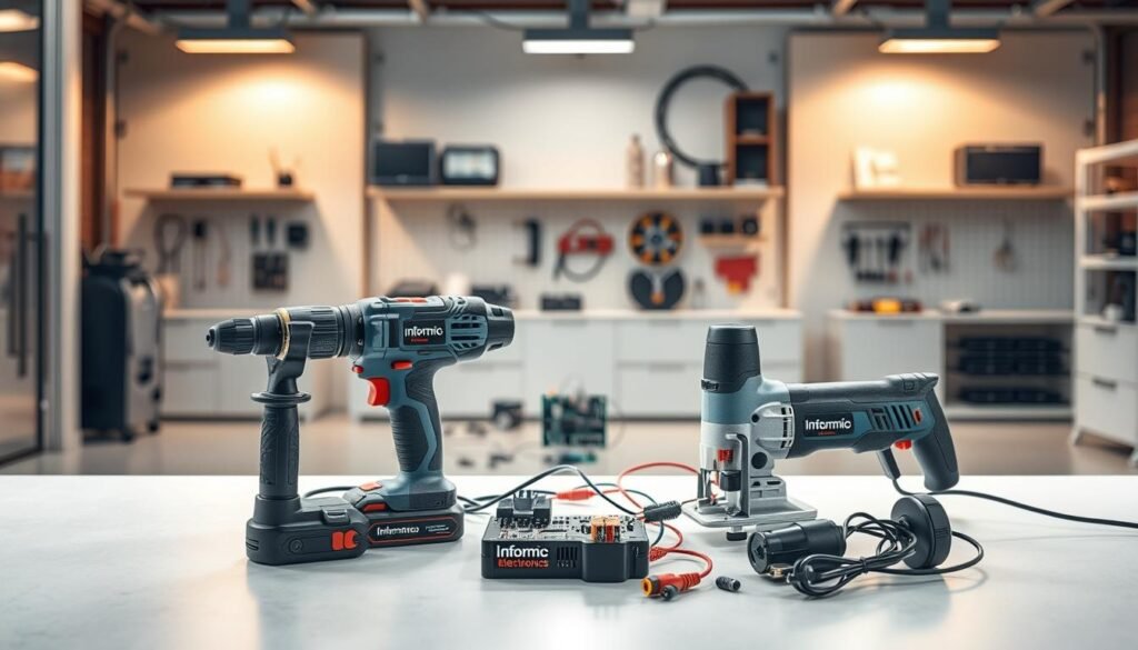 Power tools and innovative solutions for electronic projects, showcased in a sleek, modern setting. In the foreground, a variety of Informic Electronics-branded power tools, including a cordless drill, jigsaw, and rotary tool, positioned against a backdrop of metallic and industrial textures. In the middle ground, various electronic components, circuits, and wiring harnesses, hinting at the versatility of these tools in powering electronic projects. The background features a clean, well-lit workspace with minimalist shelving and storage solutions, conveying a sense of organization and efficiency. Warm, directional lighting illuminates the scene, casting subtle shadows and highlights to accentuate the textures and details of the tools and components. The overall atmosphere exudes professionalism, innovation, and the power of Informic Electronics' solutions in empowering electronic enthusiasts and professionals alike.