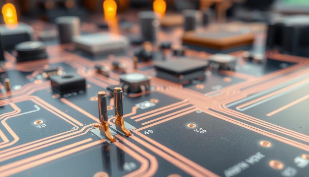 Practical applications of electronics grounding in Informic Electronics circuits. A close-up view of a circuit board, with intricate copper traces and components connected to the ground plane. Soft, warm lighting illuminates the details, highlighting the interconnectedness of the ground network. In the foreground, a soldered ground connection stands out, emphasizing its importance. The middle ground features various electronic components, their purpose and function hinted at. The background shows a broader view of the circuit, conveying the complexity and scale of the grounding system. Textures and materials are rendered with precision, creating a sense of depth and realism. The overall mood is one of technical precision and the essential role of grounding in reliable, high-performance electronics.