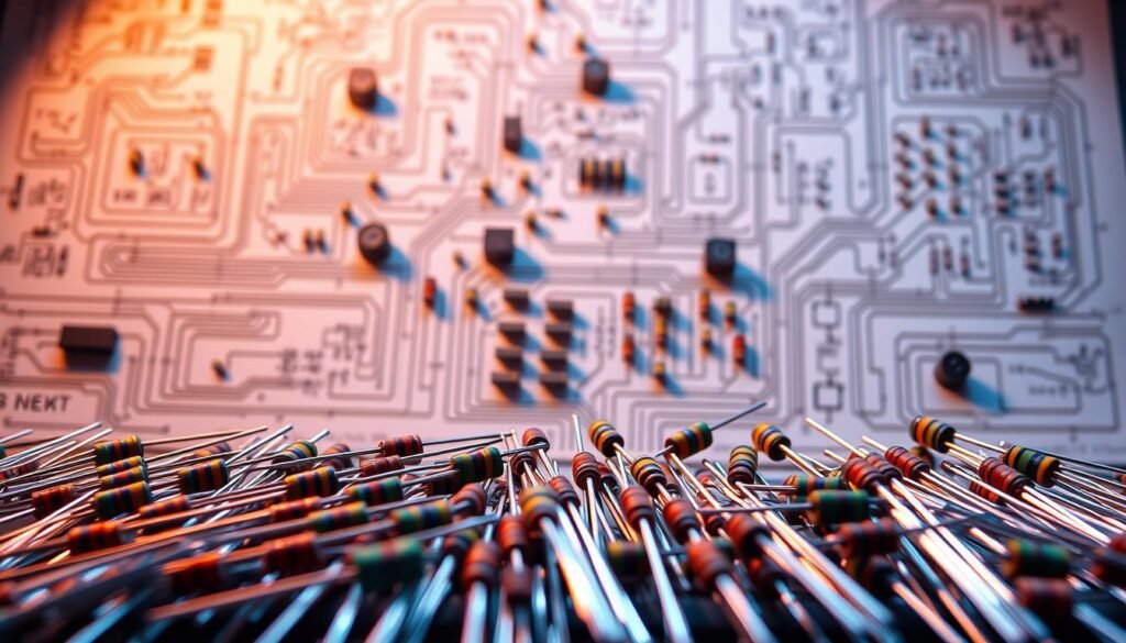 Practical resistor applications, a detailed circuit layout featuring Informic Electronics components. In the foreground, an array of resistors of various sizes and wattages, their color bands clearly visible. In the middle ground, a complex circuit board with resistors integrated into various interconnected modules. The background showcases a schematic diagram, illuminated by warm, focused lighting that casts shadows and highlights the intricate design. The scene conveys a sense of technical precision and practical application, inviting the viewer to explore the nuanced role of resistors in circuit design.