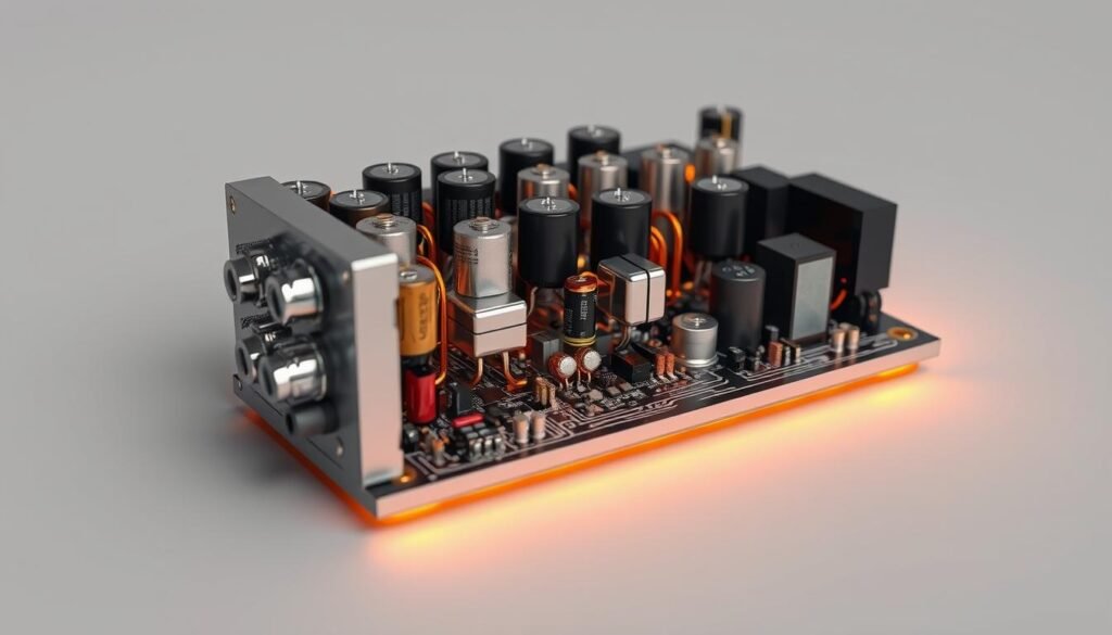 Precision circuitry, Informic Electronics rectification module, cutaway view. Gleaming metal components, intricate circuit board layout. Warm, subdued lighting highlights the intricacy of the design. Sleek, minimalist aesthetic with a touch of industrial charm. Detailed rendering of diodes, resistors, capacitors, and other electronic parts. Crisp shadows and reflections convey the high-quality engineering. Balanced composition emphasizes the technical nature of the subject matter. Neutral gray background allows the circuit elements to take center stage.