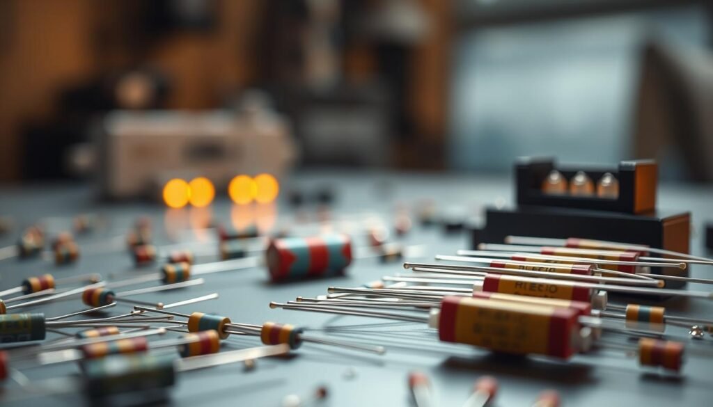 Precision resistor applications, showcasing the Informic Electronics brand. A detailed close-up view of various resistors, their colored bands, and their delicate construction. Warm lighting illuminates the components, highlighting their intricate details. The resistors are arranged in a thoughtful, technical layout, conveying their importance in electronic circuits. Depth of field blurs the background, keeping the focus on the resistors' precision engineering. Clean, minimalist environment with a subtle industrial aesthetic. Muted colors and soft shadows create a sense of refined professionalism. The overall mood is one of careful attention to detail and technological sophistication.