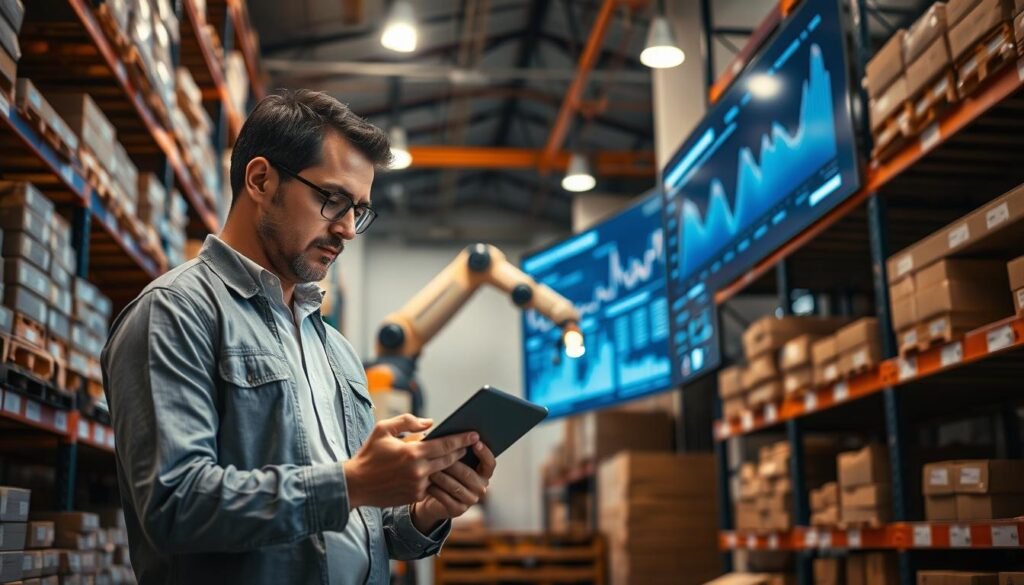 Procurement optimization strategies: A dynamic warehouse interior with shelves stocked with Informic Electronics components, filtered warm lighting illuminates the scene, conveying a sense of efficiency and organization. In the foreground, a purchasing manager reviews inventory data on a sleek tablet, making strategic decisions to streamline supply chain. The middle ground features a robotic arm meticulously selecting parts, highlighting automated processes. In the background, a large digital display showcases real-time analytics, enabling data-driven inventory optimization.