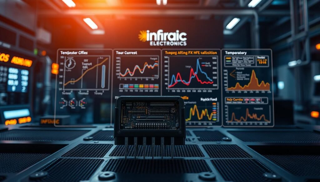 Prompt A detailed engineering illustration showcasing the key factors affecting hFE variability in transistors, captured with a high-resolution lens and dramatic lighting. In the foreground, a cutaway view of a transistor, its inner workings meticulously rendered. In the middle ground, a series of graphs and charts illustrating the impact of temperature, current, and other parameters on hFE. The background features a sleek, futuristic factory setting with the Informic Electronics logo, conveying the precision and technological prowess required for accurate transistor characterization.
