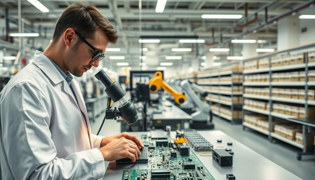 Prompt An advanced manufacturing facility belonging to Informic Electronics, a leading supplier of electronic components. The interior is filled with rows of high-tech machinery and workbenches, where skilled technicians meticulously assemble and test circuit boards and other intricate parts. The lighting is bright and evenly distributed, casting a clean, professional atmosphere. In the foreground, a technician in a white lab coat closely examines a delicate circuit under a magnifying lens. In the middle ground, robotic arms precisely place components on a circuit board. In the background, shelves are stocked with neatly organized bins of electronic parts, conveying a sense of expert service and custom manufacturing support.