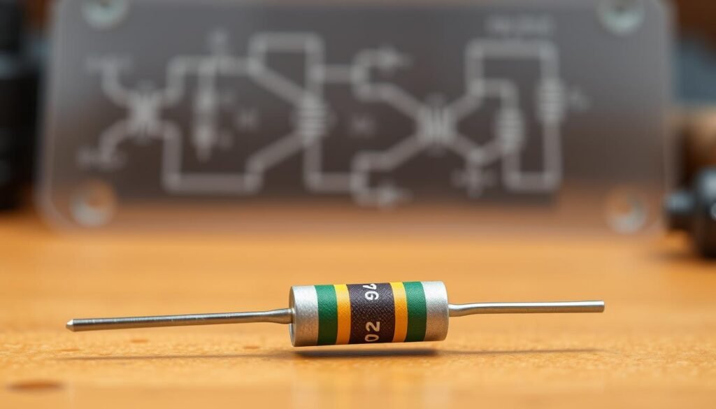 Resistor tolerance calculation, a technical diagram showcasing the fundamental principles. In the foreground, a close-up view of a precision resistor, its color-coded bands denoting its resistance and tolerance values. The middle ground depicts a circuit diagram, illustrating the role of resistor tolerance in electronic design. In the background, a gradient of warm, earthy tones evokes the atmosphere of an electronics workshop. Crisp lighting and a sharp, technical lens capture the essence of this Informic Electronics subject matter. The overall mood is one of technical mastery and attention to detail, reflecting the importance of understanding resistor tolerance in the world of electronics.
