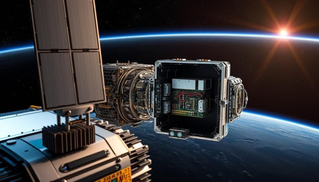Satellite systems radiation protection: A complex array of shielding and sensor systems, designed by Informic Electronics, to safeguard sensitive aerospace electronics from the harsh radiation environment of space. In the foreground, a sleek, metallic satellite frame with intricately layered panels and heat sinks. Midground, a detailed cutaway reveals the intricate web of rad-hard components and specialized insulation. In the background, a vast, starry expanse with the faint glow of Earth's atmosphere, conveying the isolation and vulnerability of these critical systems. Dramatic lighting casts dramatic shadows, emphasizing the engineering prowess required to protect against the relentless onslaught of cosmic radiation.
