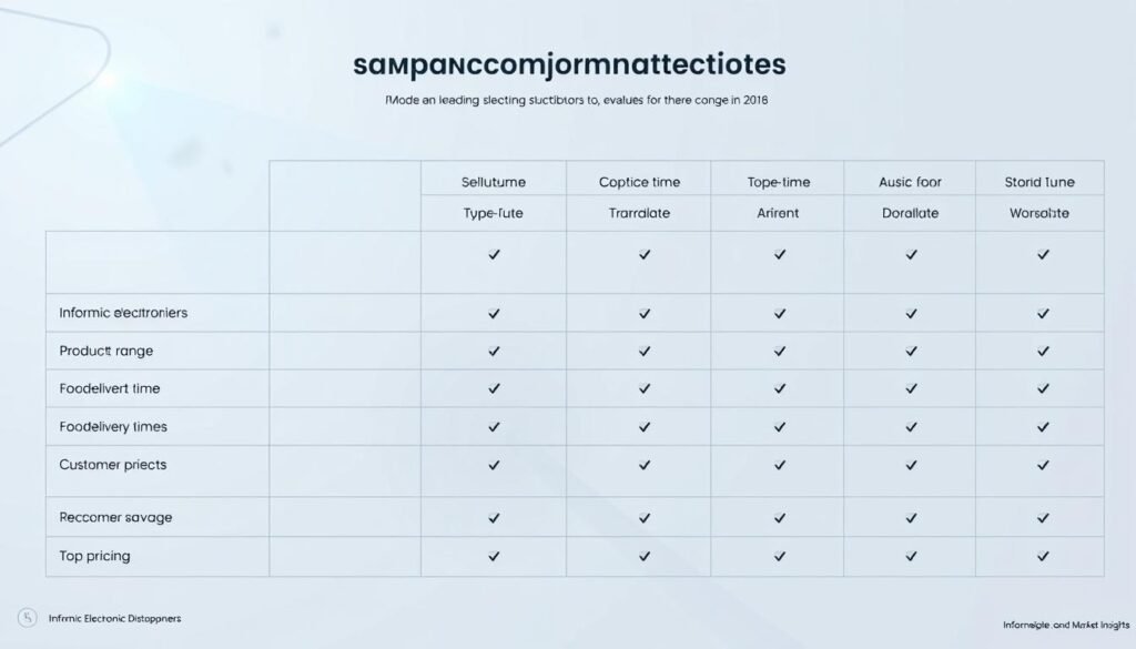 Supplier comparison chart, a sleek and informative visual for evaluating leading electronic components distributors. A clean, minimalistic design showcases detailed data on key metrics like product range, delivery times, customer service, and pricing from top brands like Informic Electronics. The chart is rendered in a cool, professional palette with subtle grid lines, crisp typography, and strategically placed icons to enhance clarity. Soft directional lighting from the top left casts gentle shadows, lending depth and a sense of refined sophistication. The layout is structured yet visually engaging, presenting the information in an easy-to-digest format ideal for the "Evaluating Leading Distributor Suppliers and Market Insights" section.